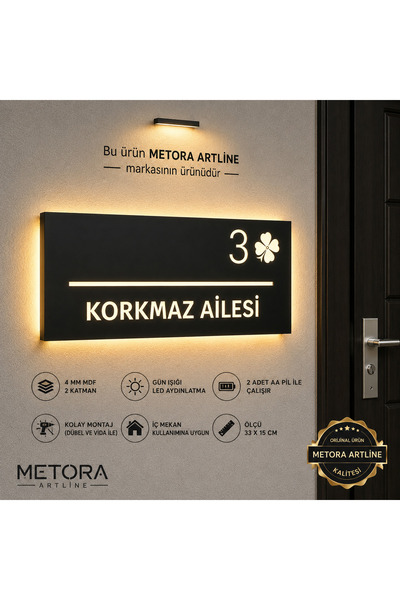 metora LED'li siyah Kapı İsimliği – Kişiye Özel |4 mm MDF Yoncalı Tasarım