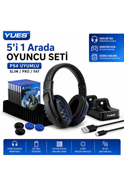 YUES PS4 5’i 1 Arada Aksesuar Seti – Mikrofonlu Kulaklık + DualShock 4 Şarj S...