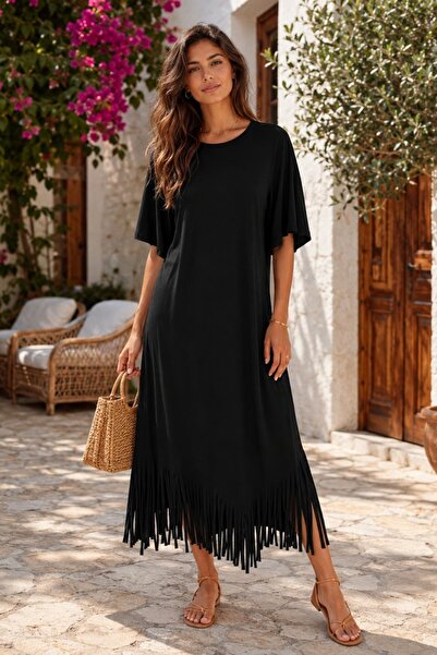 Mossta Short Sleeve Crew Neck Viscose Midi Dress with Tassel Detail - Black