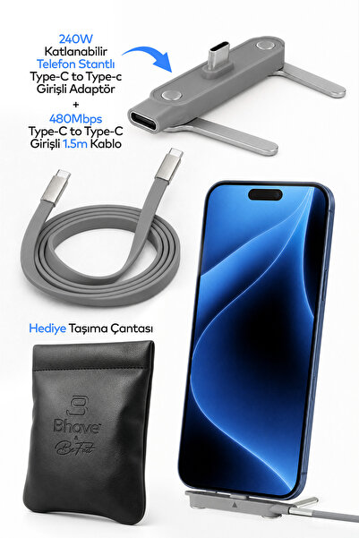 Bhave Katlanabilir Standlı 240W Ultra Hızlı Type-C Şarj Kablosu 1.5mt Deri Ta...