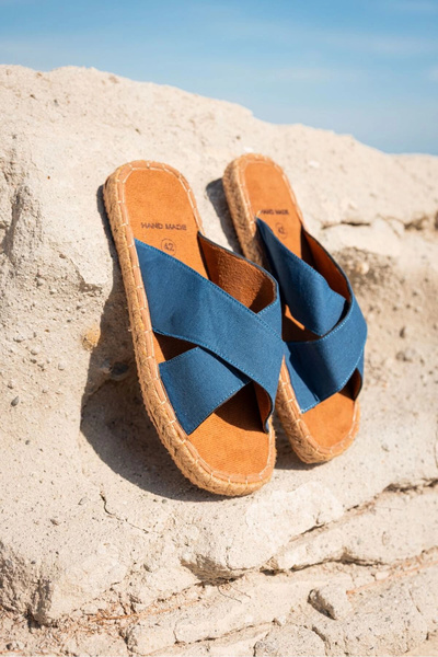 by selvi Lukka Shoes Zeta Blue Cross Linen Men's Slippers