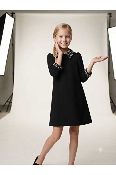 Hilal Akıncı Kids Fakir Girl's Dress with Stone Decor on the Collar and Sleeves