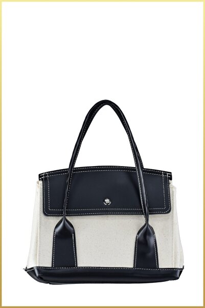 birizmoda Women's Garnished Linen Hand and Shoulder Bag - Black