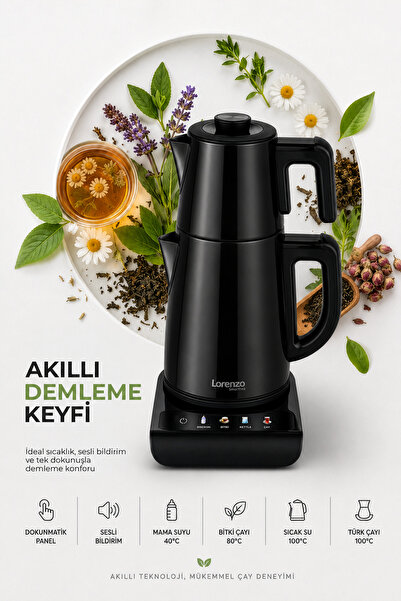 Lorenzo SmartTea 5 in 1 Konuşan Çelik Çay Makinesi Kettle Su Isıtıcısı Siyah