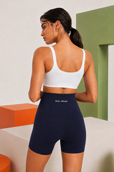 REAL DREAM Women's Seamless Sports Shorts with Gathering Effect and High Wais...