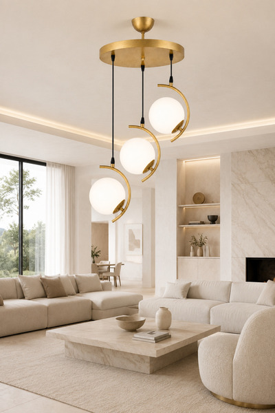 ESSLİGHT Clara 3’lü Eskitme Beyaz Camlı Modern Salon Mutfak Yatak Odası Avizesi