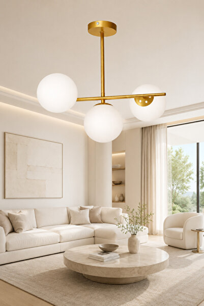 ESSLİGHT Nova 3’lü Eskitme Beyaz Camlı Modern Salon Mutfak Yatak Odası Avizesi