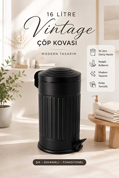 BySevil Vintage 16 Lt Pedallı Çöp Kovası Siyah| Amortisörlü Kapak | Silinebil...