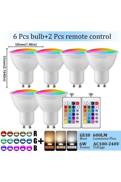 Choice AC100-240V RGB 3000K 6PCS 1-10PCS RGB GU10 LED Spotlight Bulb 24 Key R...