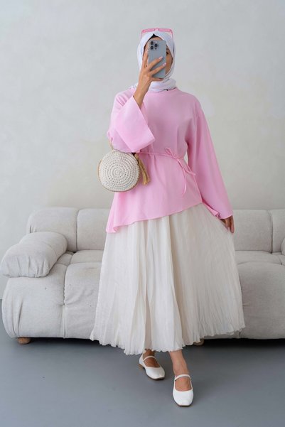 Giyim Gezegeni Pink Belted Hijab Tunic Asymmetrical Cross Cut Wide Sleeve Loose Summer Women's Tunic Daily Stylish Blouse