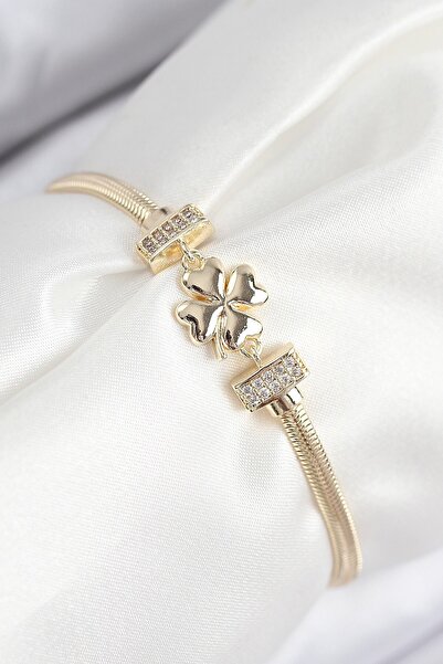 Inure Jewelry سوار نسائي من النحاس والزركون الحجري على شكل برسيم ذهبي اللون