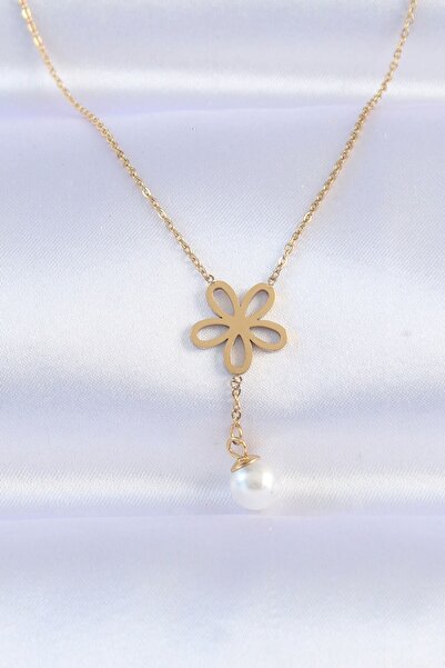 Inure Jewelry 316L Steel Chain Gold Color Pearl Detail Flower Necklace