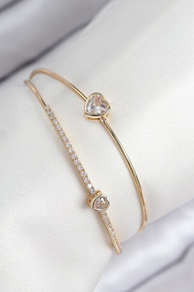 Inure Jewelry Brass Zircon Stone Heart Model Gold Color Women's Bracelet