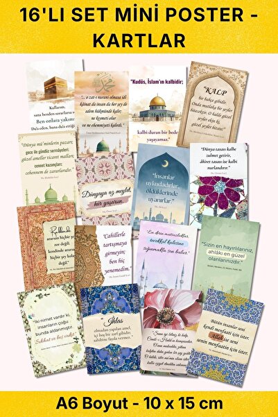 Nur Print 16'lı Mini Poster Seti A6 (10 x15 cm ) Boyut İslami Motto Kart Seti