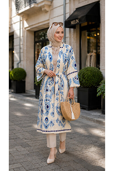 forte bella Trend Etnik Desen Tesettür Pamuklu Viskon Kuşaklı Kimono
