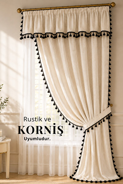 perde plus Draperie cu volane, aspect de in, cu ciucuri negri – living, dormi...