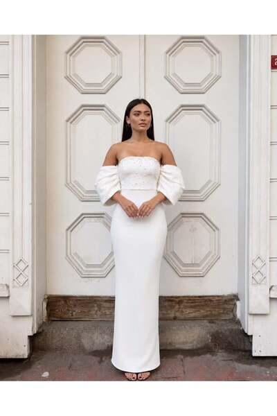 Modafeminen Flexible Scuba Fabric Strapless Draped Sleeve Stone and Tulle Det...