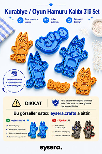 eysera Bluey 3'lü Kurabiye Kalıbı Seti/Oyun Hamur Kalıbı Seti/Hamur Şekillend...