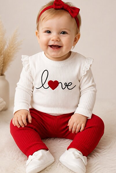 MixMax Bebe طقم علوي وسروال بأكمام طويلة مطبوع عليه Girl Baby Love مصنوع من ا...