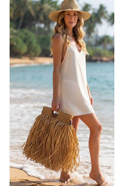 WOMANBAG Handmade Wicker Raffia Tassel Handbag 40X50Cm Wicker Color