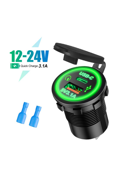 Choice11 Green TYPE-C Universal Motorcycle Car Charger LED Light USB TYPE-C C...