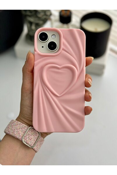 Go Aksesuar Apple Iphone 13 - 14 - 15  Uyumlu 3D Mat Saten Kalp Kabartma Desenli Darbe Önleyici Silikon Kılıf