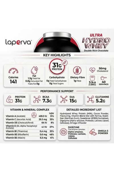 Laperva Ultra Hydro Whey protein, Double Rich Chocolate, 3.5 LB