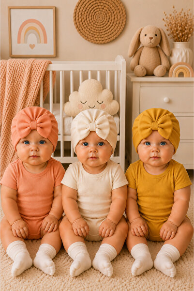 Pico Baby طقم قبعات أطفال بفيونكة مكون من 3 قطع - سلمون/ أبيض/ خردل