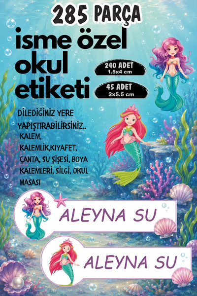 Kt Grup Okul Etiketi Kalem Defter Etiketi Özel Isim Yazılabilen Deniz Kızı Te...