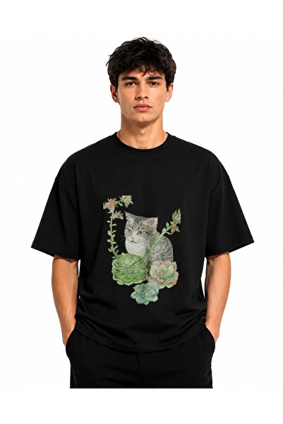 Inscriptie Tricou Unisex Bumbac Premium Casual " Pisica si flori "