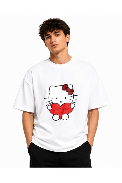 Inscriptie Unisex Premium Cotton Casual T-Shirt "Hello Kitty heart"