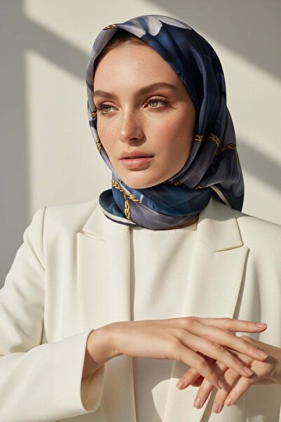Vissona % 57 İPEK % 43 VİSKON Twill İpek Çiçek Geometrik Desenli lacivert Ren...