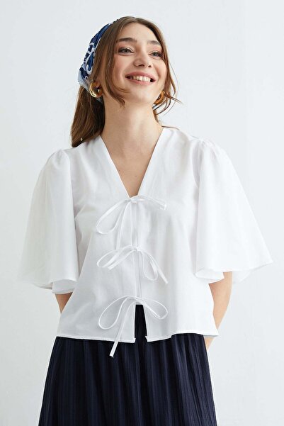 Fulla Moda Front Tie-Detail Wide Sleeve Blouse