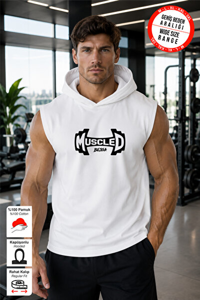 BESSA Men's Muscled Printed White Hooded Cotton Tank Top Sleeveless Athlete T...