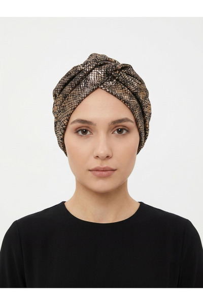 elysianfidan Cross Patterned Fukuro Lined Black Ready-To-Wear Turban Hijab Ca...