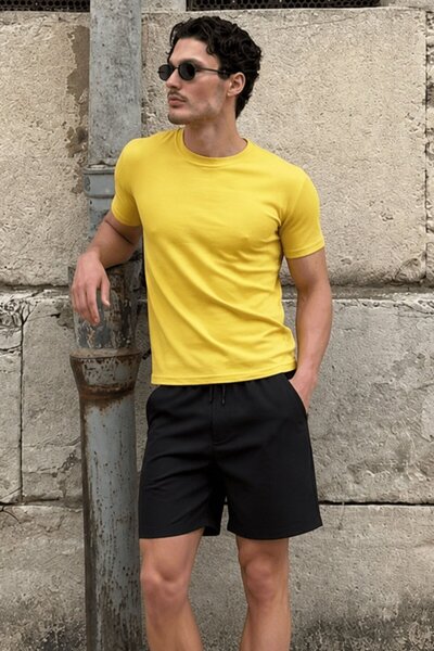 Madmext Crew Neck Yellow Basic T-Shirt 4077