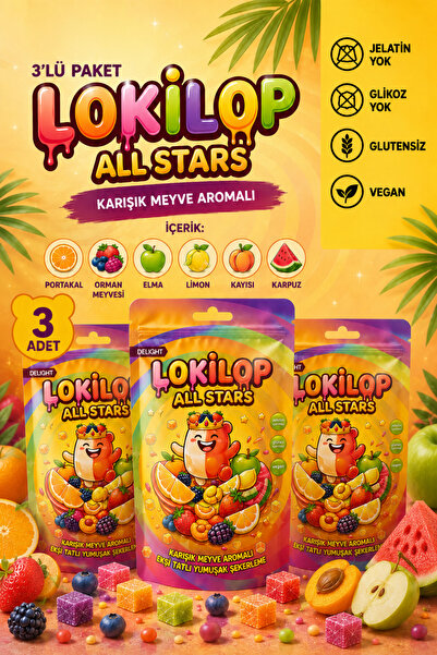 Deliqht Lokilop All Star 3 Adet X 90G Jelatinsiz Glikozsuz Glutensiz Vegan Ek...