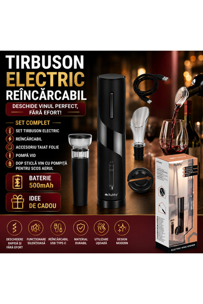 Ruhhy Set tirbușon electric, reîncărcabil, accesoriu tăietor de folie, pompă ...