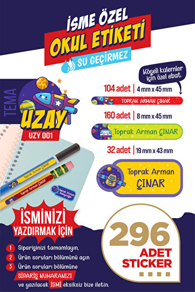colortouch 296 ADET Uzay Temalı Okul Etiketi Kalem Etiketi Defter Etiketi Kiş...