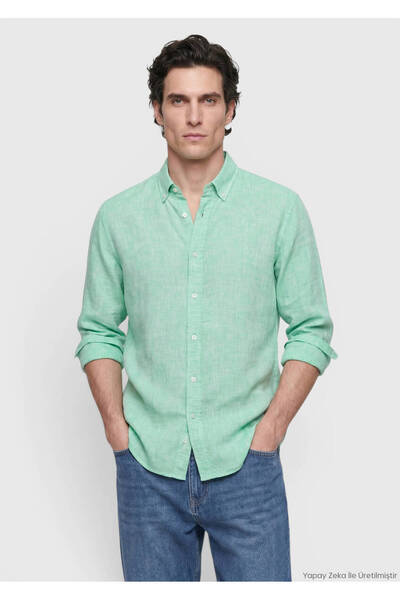 Ramsey Cămașă verde, simplă, cu croială lejeră, lungă, casual, 100% in