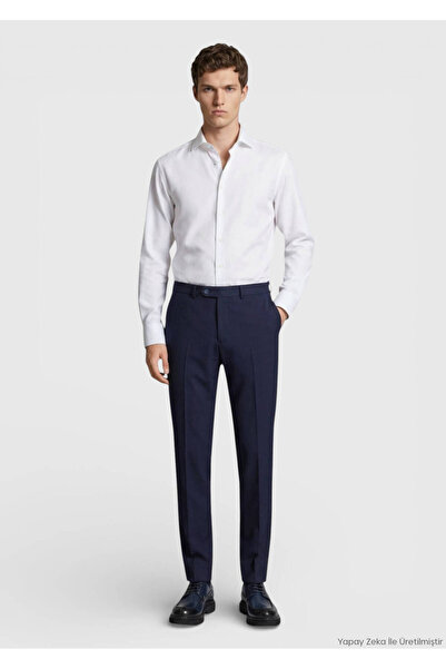 Ramsey Navy Blue Woven Modern Fit Classic 100% Wool Trousers