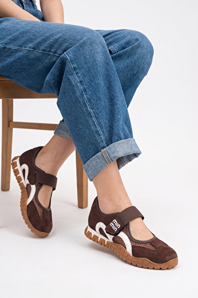 SEFERİ Women's Brown Colored Comfortable Sole Velcro Ballerina Casual Sports ...