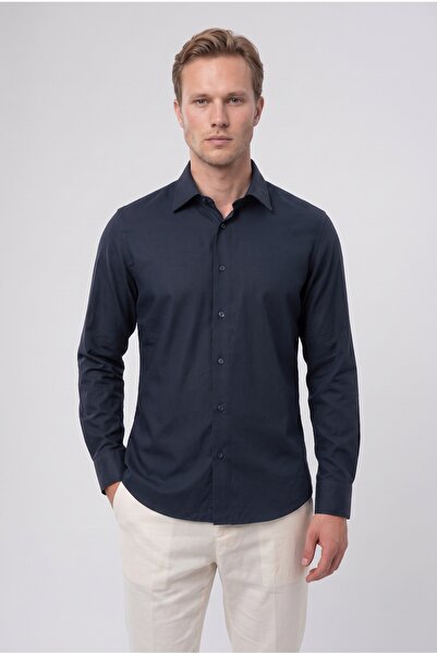 D'S Damat Ds Damat Slim Fit Navy Blue Dobby Shirt