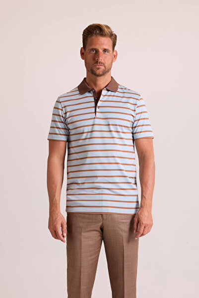 Ysf Erkek Kahverengi Lacivert Polo Yaka Çizgili T-Shirt