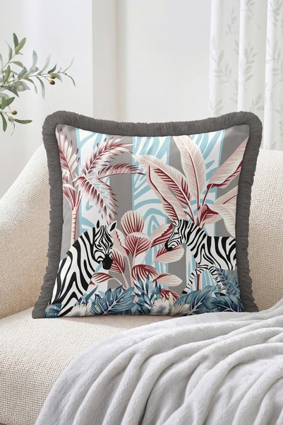 Realhomes Zebra and Tropical Leaf Patterned Turquoise Gray 4-Piece Fringed-Tasseled Throw Pillow Cover Set