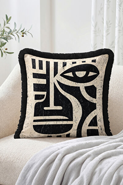 Realhomes Black Beige Fringed Throw Pillow Cover with Abstract Eye and Geomet...