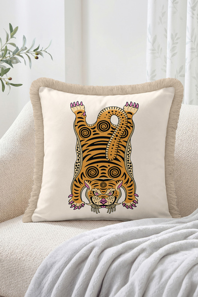 Realhomes Beige Floor with Tiger Figure Black Striped Fringed Throw Pillow Co...