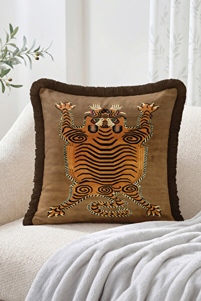 Realhomes Brown Fringed Throw Pillow Cover with Tiger Print, Decorative Pillo...