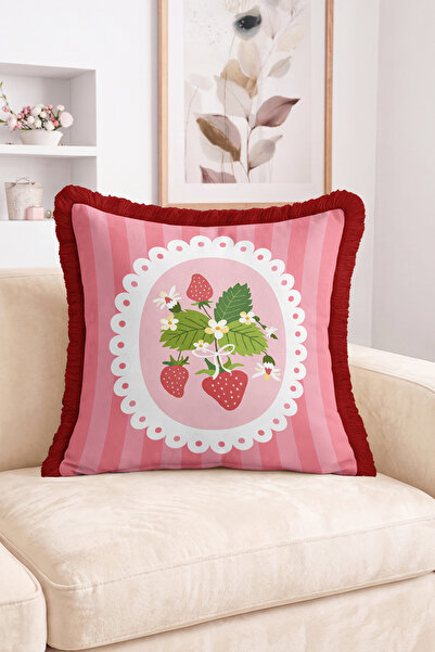 Realhomes Pink Striped Fringed Throw Pillow Cover with Strawberry and Flower ...