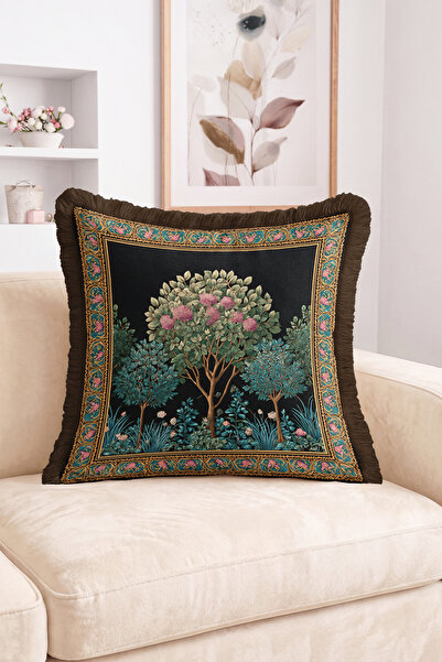 Realhomes Framed Fringed Throw Pillow Cover with Tree and Flower Pattern on B...